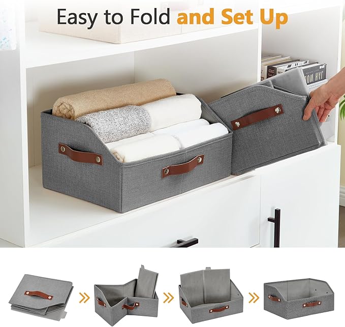 Bagnizer Closet Organizers and Storage, Linen Trapezoid Storage Bins with Handles, Collapsible Shelf Organizer for Blanket, Towel, Clothes, Hats, Purse (Gray)