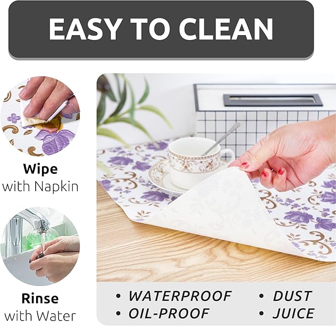 18X96 Inch Shelf Liner for Kitchen Cabinets, PVC Drawer Liner for Dresser Non-Slip Bathroom, Non-Adhesive Cabinet Liner Washable (Purple Floral)(5 Roll)
