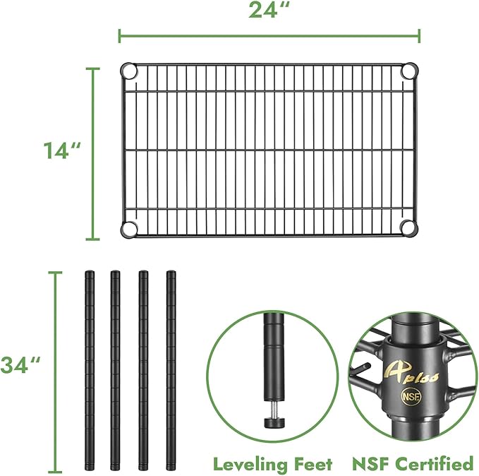 APLSS 14" D x 24" W x 34" H Black Heavy Duty Wire Shelving with 3 Tier Shelves, NSF Certified, Height Adjustable, Wet&Dry Environments, for Kitchen Garage Walk-in Cooler&Freezer, 800lbs Capacity