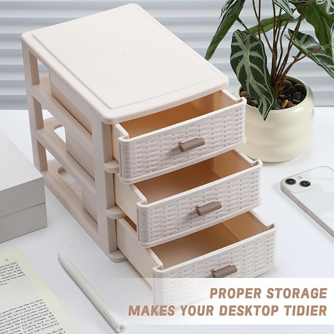 Small Storage Desk Wicker Weave Drawer 3 Drawers Plastic Storage Mini Plastic Weave Drawer Unit with Pull Handles Desk Organizer for Office Supplies Craft Countertop Makeup Bathroom(White)