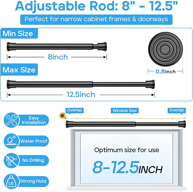 MEXAU 2pack Short Tension Curtain Rod 8 to 12.5 Inch，Spring Tension Rods Black Curtain Rods Adjustable Spring Rod Mini DIY Tension Rods No Drill for Slim Window Cupboard