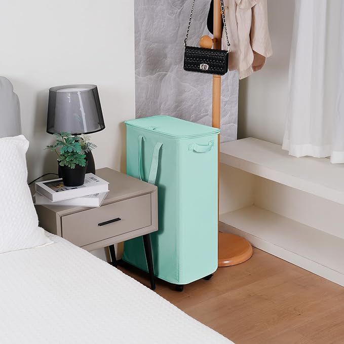 Vincona Slim Laundry Hamper with Lid and Wheels, Small Rolling Laundry Basket with Handle for Small Spaces, Tall Dirty Clothes Hampers for Dorm, Bathroom and Bedroom, 75L, Light Blue