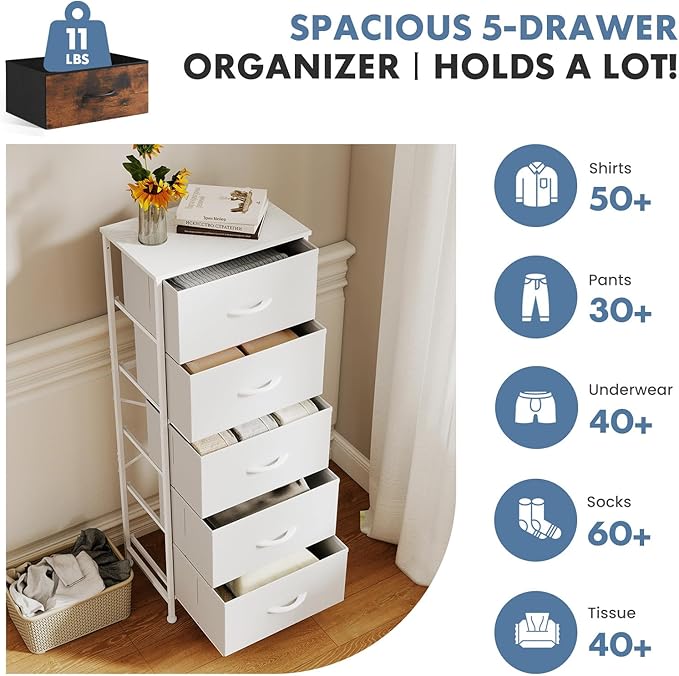 DUMOS Nightstand with 5 Drawers Bedside Table with Removable Fabric Bins Sturdy Steel Frame Wood Top Organizer Furniture for Bedroom Nursery Closet Living Room, White
