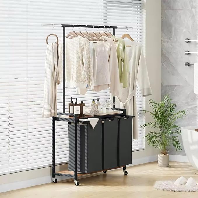 3-Section Laundry Sorter with Shelf, Rolling Laundry Basket with Hanging Rack and Wheels, Heavy Duty Laundry Hamper Rack for Laundry Room, Bedroom, Bathroom, Black