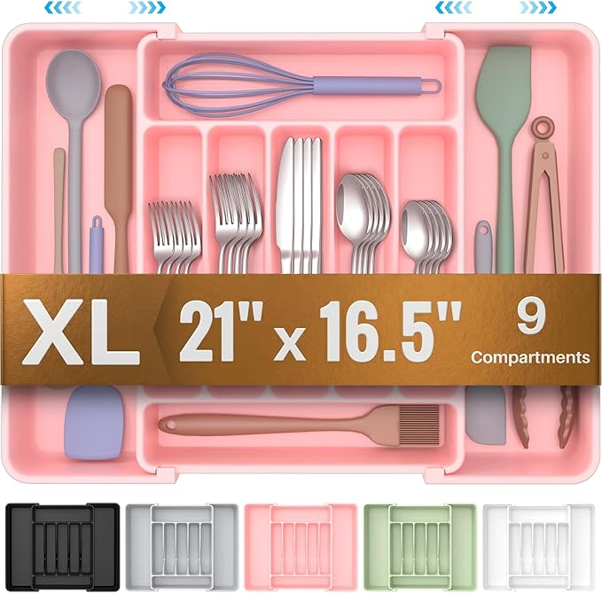 ukeetap Extra Large Expandable Silverware Organizer, BPA-Free Food-Safe Cutlery Flatware Organizer, Kitchen Utensil Drawer Organizer, Adjustable Silverware Holder for Spoons Forks Knives, Pink
