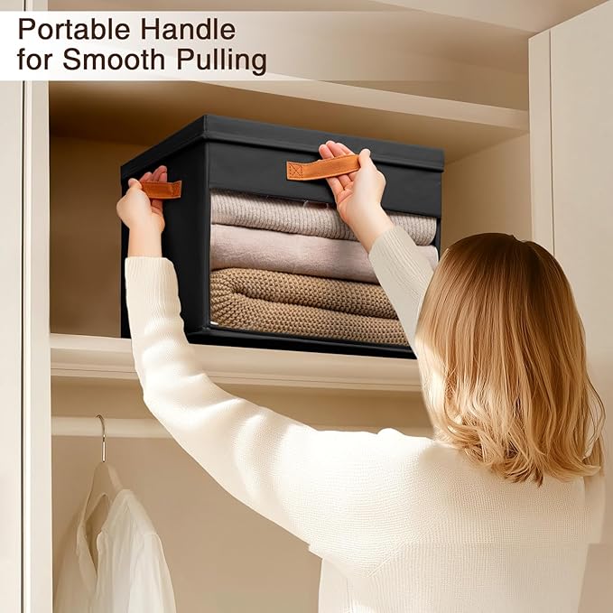 Homsorout Large Storage Bins with Lids - 6 Pack Foldable Decorative Organizers with Clear Windows & Handles, Cube Storage Organizers for Clothes, Blankets, Sweaters, Sheets, Black