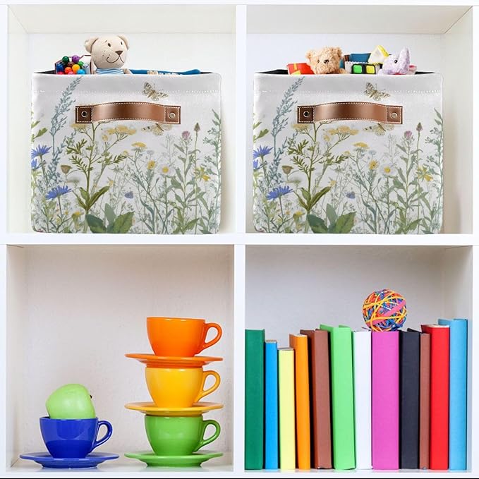 xigua Vintage Colorful Herbs Wild Flowers Floral Storage Basket Collapsible Toy Storage Bins Waterproof Canvas Storage Basket with Leather Handles for Home Closets Offices,Bedrooms,Kids Toy and Gift