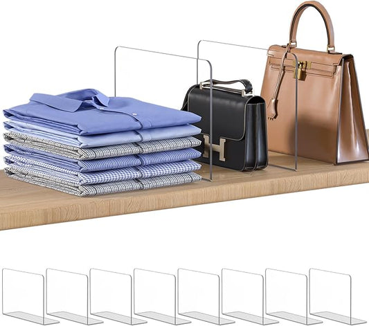 OKPOW Shelf Dividers Closet Organizer - 7.5" Tall X 11.8" Deep Acrylic Clear Sturdy Separate for Clothes Purse - Adjustable Space Saver Easy Install for Home Organization Enthusiasts 8 Pack