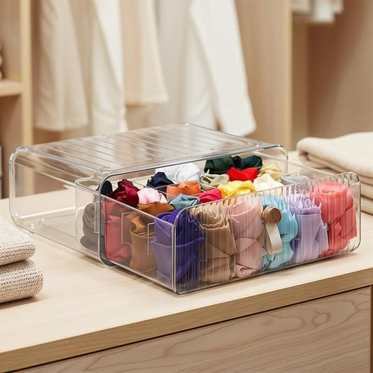 Dimeho 24 Cell Plastic Sock Organizer Underwear Drawer Organizer Acrylic Stackable Storage Drawer Underwear Storage Box with Dividers for Panties Closet Bra Baby Clothes Belts Ties Scarf