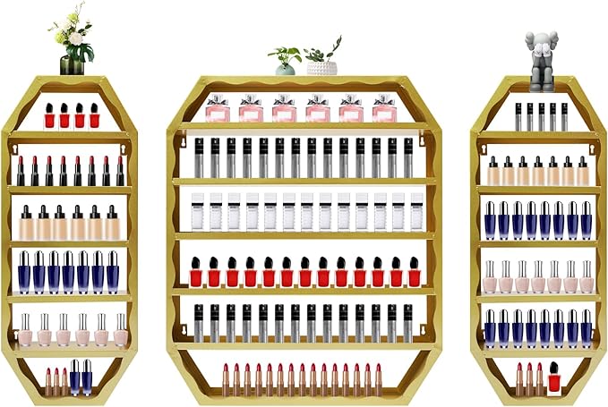 Wall-Mounted Nail Polish Storage Racks, 3PCS Multi-Tiers Metal Cosmetic Display Rack Lipstick Perfume Display Rack with 1 Middle Rack & 2 Side Racks for Spa Nail Salon Shop (Gold)