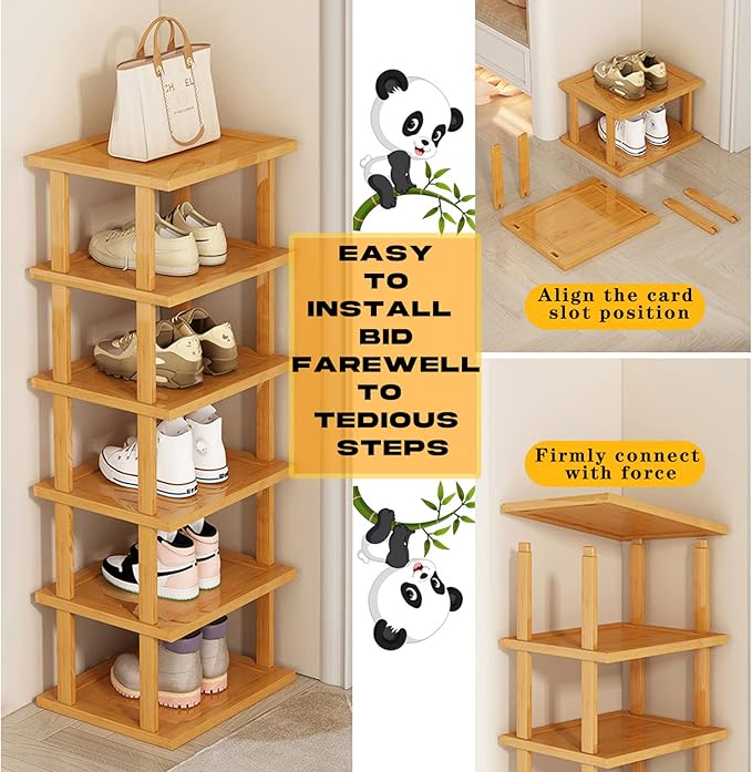 SAN HE Bamboo Shoe Rack 3Tier- Vertical Shoe Rack for Small Spaces, Tall Narrow Shoe Rack Organizer for Closet Entryway Corner Garage and Bedroom,Skinny Shoe Shelf with Free Stackable DIY