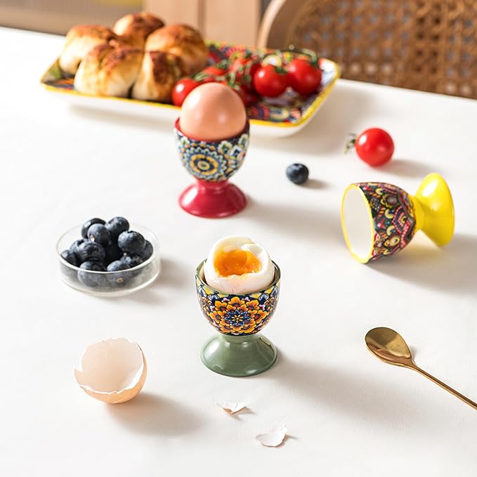 Henten Home Ceramic Egg Cup Set, Colorful Egg Cup Set of 6, Boho Style Egg Holder for Soft Boiled Eggs, Breakfast, Easter, Dishwasher & Microwave Safe