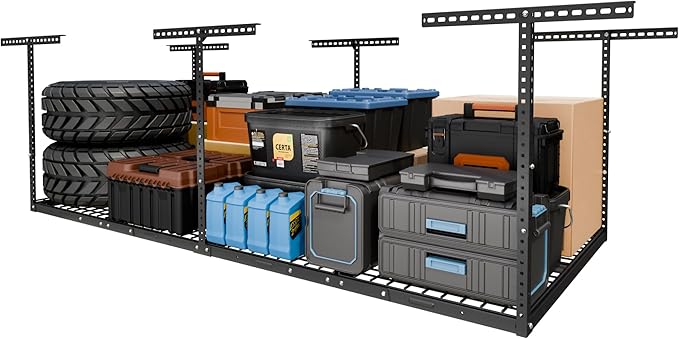 FLEXIMOUNTS 4x8 Overhead Garage Storage Rack, Adjustable Organization System, Heavy-Duty Metal Ceiling Racks, 750lbs Weight Capacity, Hammertone, Classic Series