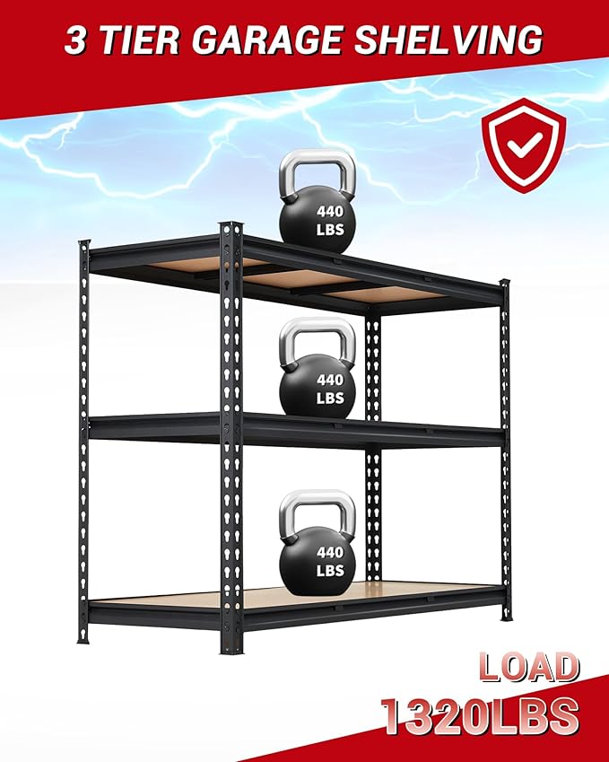 60x24x36 Heavy Duty Garage Storage Shelves,3-Tier Adjustable Metal Shelving Units, 1320 LBS Load Capacity Industrial Utility Storage Racks for Warehouse Pantry Shed Basement Garage Organization