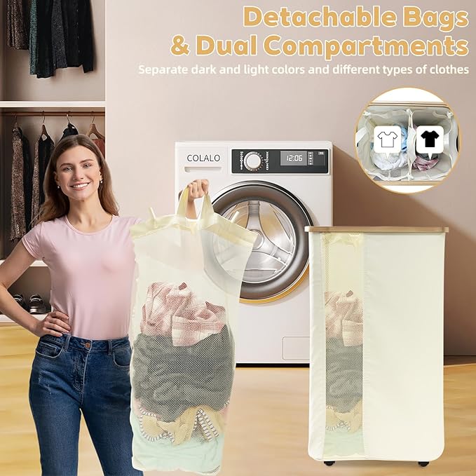 Rolling Laundry Hamper with Lid & Wheels, 110L Slim Double White Laundry Hamper 2 Section, Narrow Large Laundrys Hampers with Removable Bags&Breathable Mesh, Dirty Clothes Hampers for Bedroom