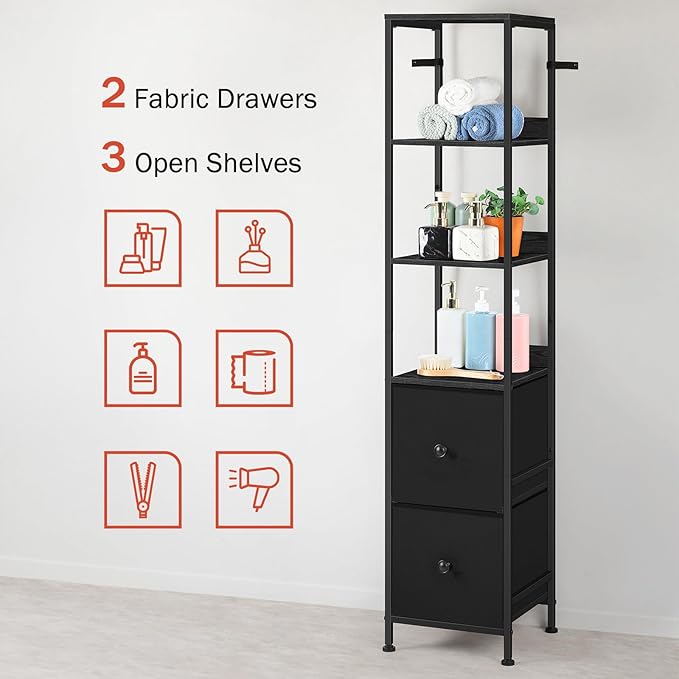 Tall Bathroom Storage Cabinet Slim Bathroom Floor Cabinet Narrow Freestanding Floor Cabinet with 2 Drawer, for Small Space, Living Room, Home Office, Black, 11.8" D x 11.8" W x 55.8" H