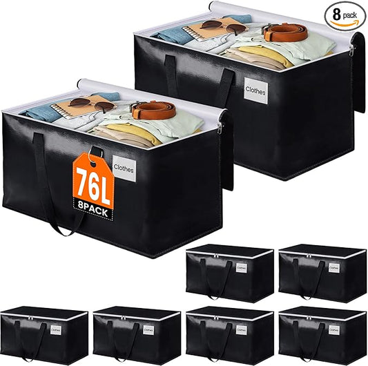BlissTotes Moving Bags, Heavy Duty Moving Boxes with Zippers Top and Sturdy Handles, Storage Bags for Space Saving and Packing, Collapsible Moving Supplies, Storage Totes (76L, 8-Pack, Black)