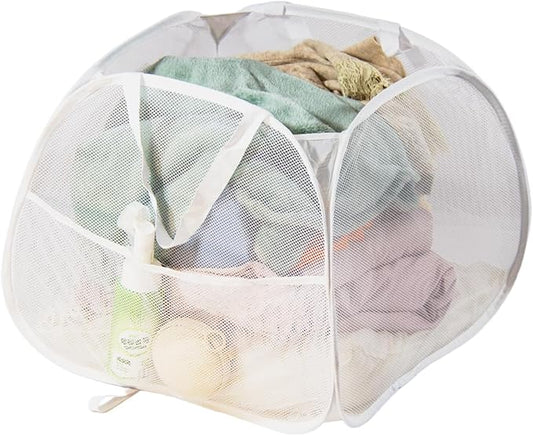 Collapsible Laundry Basket 90L, Foldable Mesh Pop-up Laundry Hamper with Handles, Dirty Clothes Hamper for Laundry with Side Storage Pocket (White)
