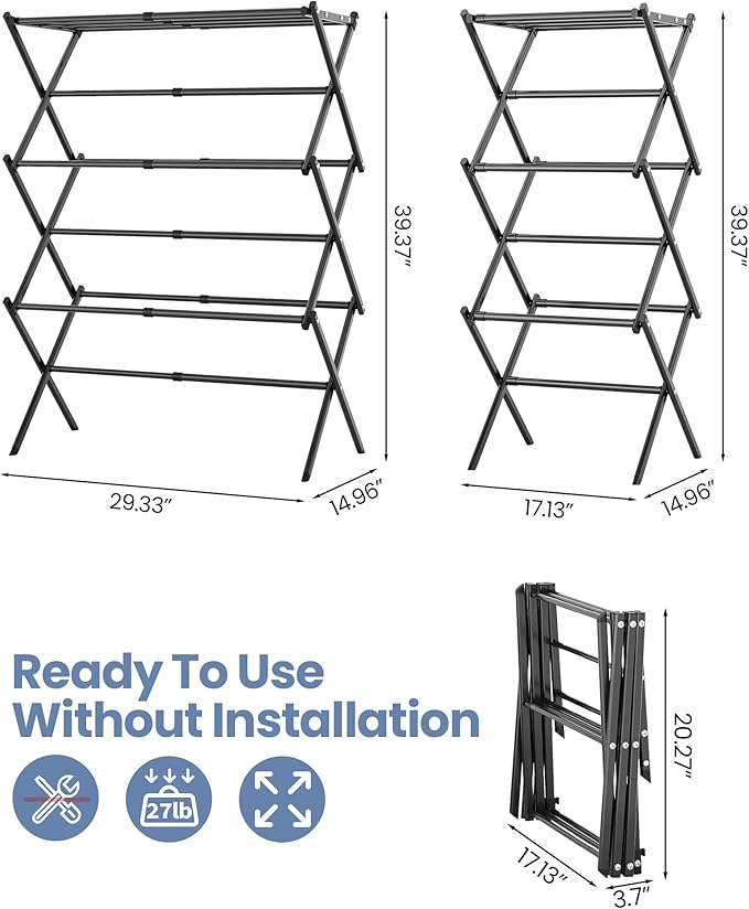 APEXCHASER Clothes Drying Rack, 3-Tier Laundry Drying Rack for Clothes, Expandable Metal Clothing Dryer, Collapsible Towel Rack, Air Drying Rack, Black
