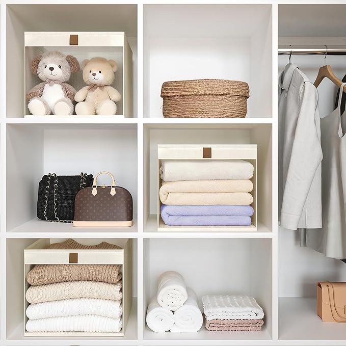 Linen Closet Organizers and Storage, Closet Storage Bins Basket Organizer, Foldable Organization Baskets with Mesh Window for Clothes Towels and Toys, 10.75" x 10.75" x 7.5", Beige, 4 pack