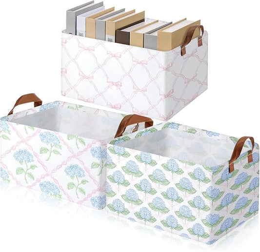 Boao 3 Pcs Watercolor Floral Storage Bin Wildflowers Collapsible Large Storage Baskets for Gifts Canvas Laundry Basket Foldable Box with Handle for Office Home Bedroom Clothes