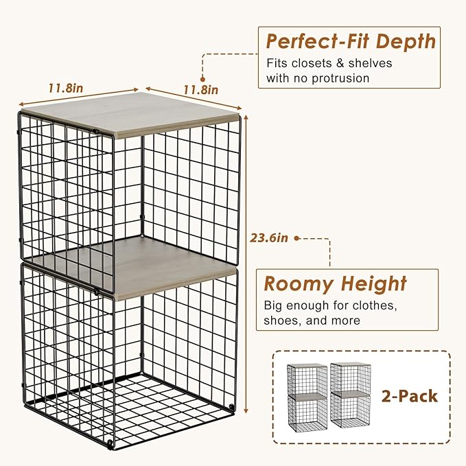 Hencawima 4-Tier Stackable Closet Organizers and Storage, Dual-Layer Reinforced Clothing Cube Shelves with Wood Tops, Sturdy Clothes Storage Bins & Shelf Basket for Wardrobe, Closet Organizer System