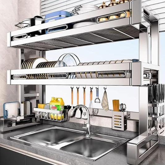 Over The Sink Dish Drying Rack 2 Tier 304 Stainless Steel Multiple Kitchen Dishware Storage Counter Organization Space-Saving with Suction Cup for Plates Bowl(66cm/26in)