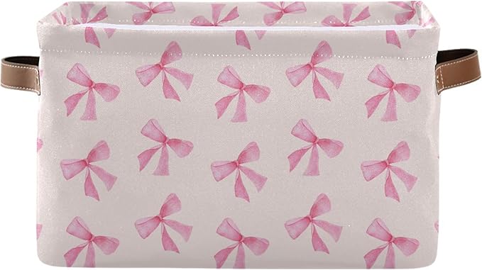 xigua Pink Bow Storage Basket Collapsible Storage Bins Waterproof Canvas Storage Basket with Leather Handles for Home Closets Offices,Bedrooms,Gift Baskets,1PCS