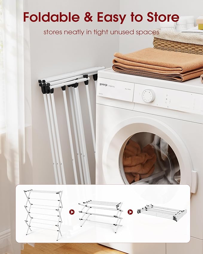 Sakugi Foldable Clothes Drying Rack – Metal Laundry Drying Rack with Non-Slip Feet, 3-Tier Space-Saving Clothing Rack for Organization, Indoor & Outdoor Use, 11.4"D x 29.1"W x 37.4"H, White and Black