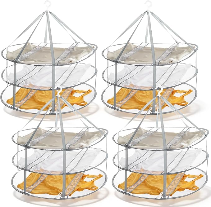 4 Pack 3-Tier Folding Mesh Clothes Hanging Dryer, Large Laundry Drying Rack Sweater Drying Rack with Fixing Band Lay Flat Dry Hanger for Laundry Indoor T-Shirt Swimsuit Sweater Underwear