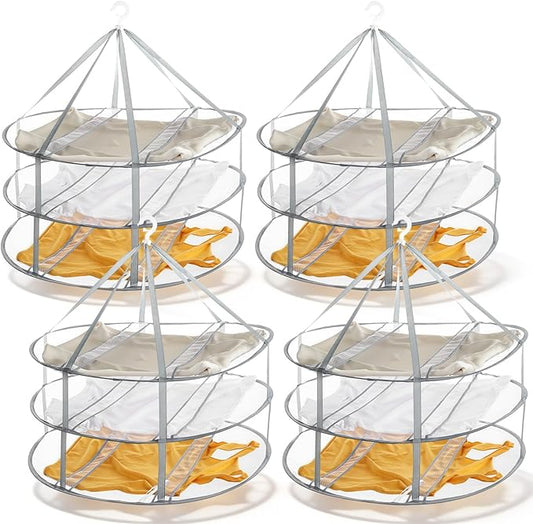 4 Pack 3-Tier Folding Mesh Clothes Hanging Dryer, Large Laundry Drying Rack Sweater Drying Rack with Fixing Band Lay Flat Dry Hanger for Laundry Indoor T-Shirt Swimsuit Sweater Underwear