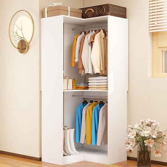 Corner Closet System with 3 Hanging Rods, Freestanding Closet Organizer Storage System L Shaped Walk in Closet Corner Modular Wardrobe, White