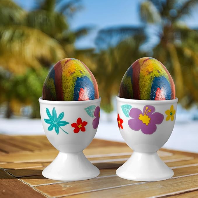Cinf Ceramic Egg Cups Easter Gift Set of 2 Porcelain Holder Breakfast Boiled Cooking Easy to Clean Childhood Memories Kitchen(Hawaii Flower)