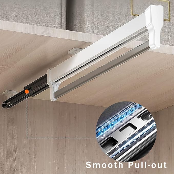 Pull Out Closet Valet Rod, Adjustable Sliding Heavy Duty Steel Top Mounted Clothes Storage Hanger Rail for Closet Wardrobe (447mm/17.6inch)