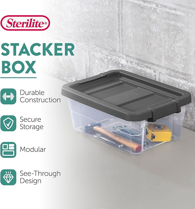 Sterilite 6-Pack Modular Stacker Box, Durable Clear Plastic Storage Bins with Latching Lids, 16 Quart - Stackable Organizing Container Boxes for Closet, Bathroom, and Office