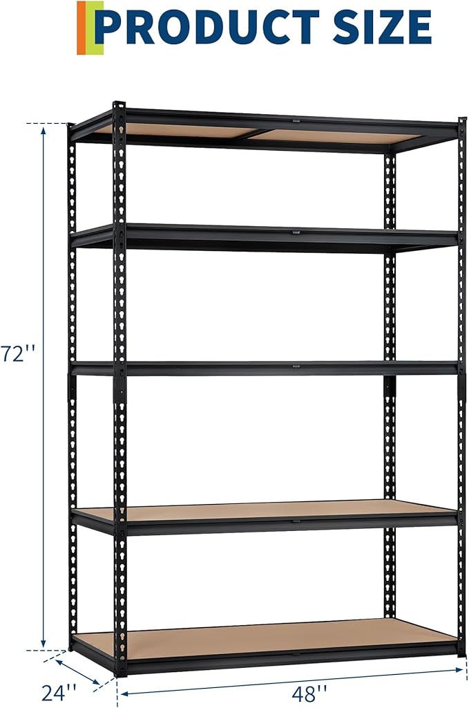 5-Tier Garage Storage Shelves for Kitchen Pantry Basement Bathroom Laundry Heavy Duty Metal Adjustable Shelving Unit Storage Shelving, 2500 LBS Capacity, 48" l x 24" w x 72" h
