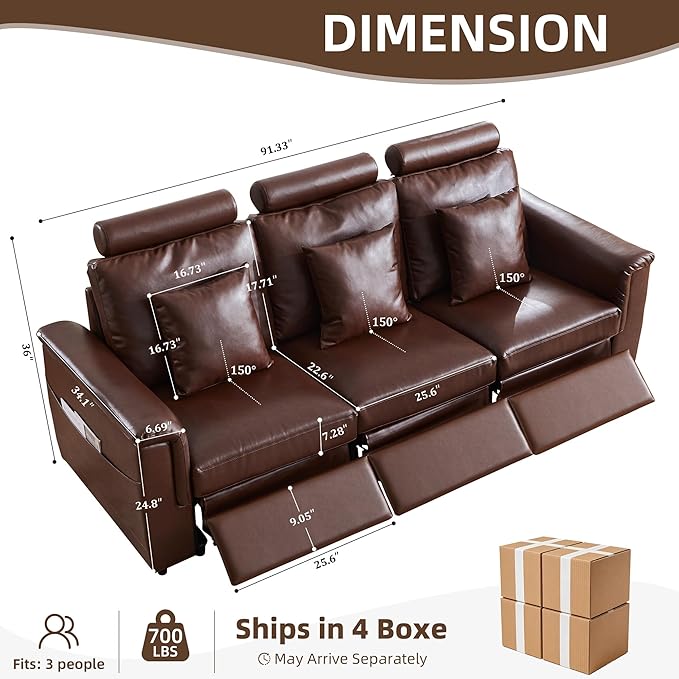 LEVNARY 3-Seater Modular Reclining Sofa, Upholstered Faux Leather Power Recliner Couch with 3 Electric Seats, 3 Pillows & Side Pockets, Adjustable Back & Footrest, Living Room Furniture (Brown)