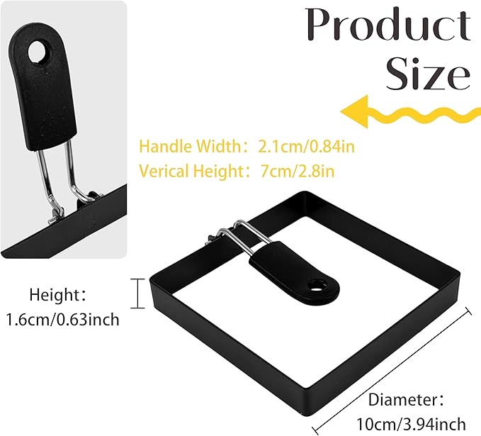 2-Pack 4'' Square Egg Rings Set with Silicone Handle, Stainless Steel Egg Cooking Rings，Nonstick，For Frying Eggs and English Muffins Pancake, Egg Mold Shaper For Breakfast