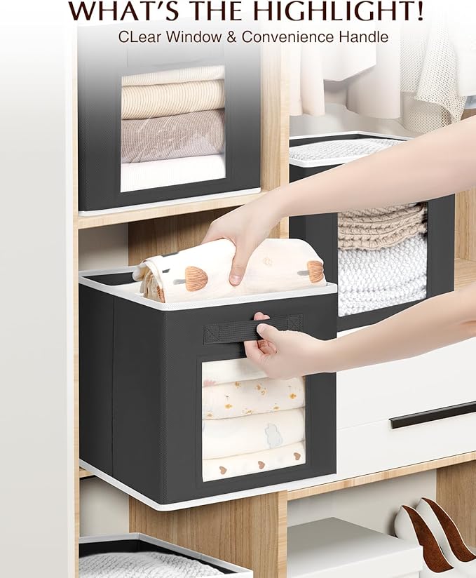 Homsorout Cube Storage Bins - Fabric Shelves for Closet Organization, Foldable Storage Bins for Clothes, Decorative Storage Baskets with Window for Home, Set of 6, Black