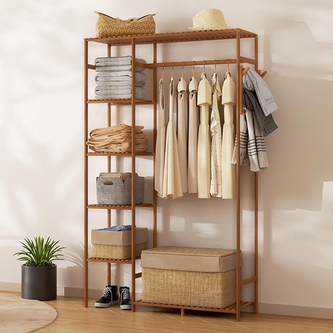 Athena Collection 35" Bamboo Garment Rack Multi Tier Clothes Rack Storage Shelves with Side Hooks & Pants Rack, Heavy Duty Clothing Hanging Rack Freestanding Indoor Wardrobe Closet Organizer, Brown