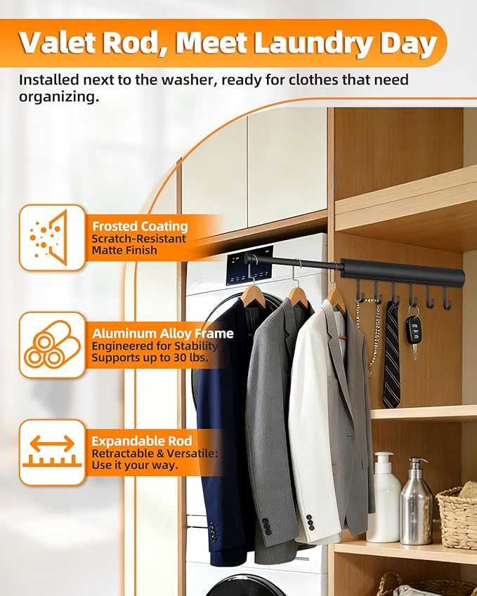 12 inch Valet Rod for Closets Pull Out, Closet Rods Extenders for Hanging Clothes Telescoping Adjustable With 6 Hooks (Black, 12 Inch-2 Pack)