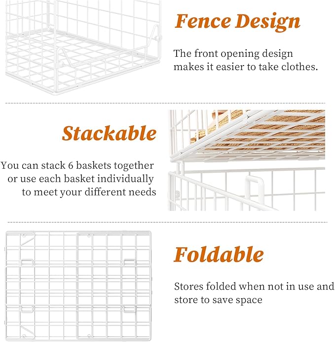 Jakyitvi 6-Tier Closet Shelf Organizer,Metal Stackable Closet Organizers and Storage,Clothes Storage Bins,Shelf Organizer Basket ,Folded Shelf Organizer for Closet Wardrobe,White