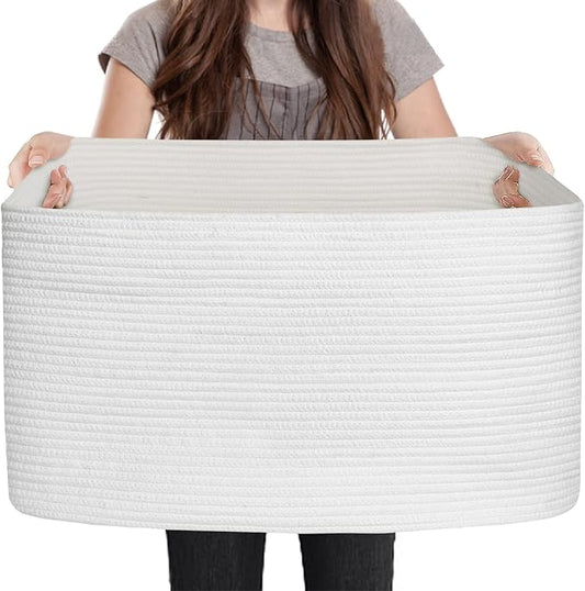 MEGASKET Extra Large White Storage Basket, 23.6" x 17" x 12" Rectangle Blanket Storage for Living Room, White Woven Cotton Rope Basket, Big Kids Toy Box Bin, XXXL Wicker Laundry Baskets for Organizing