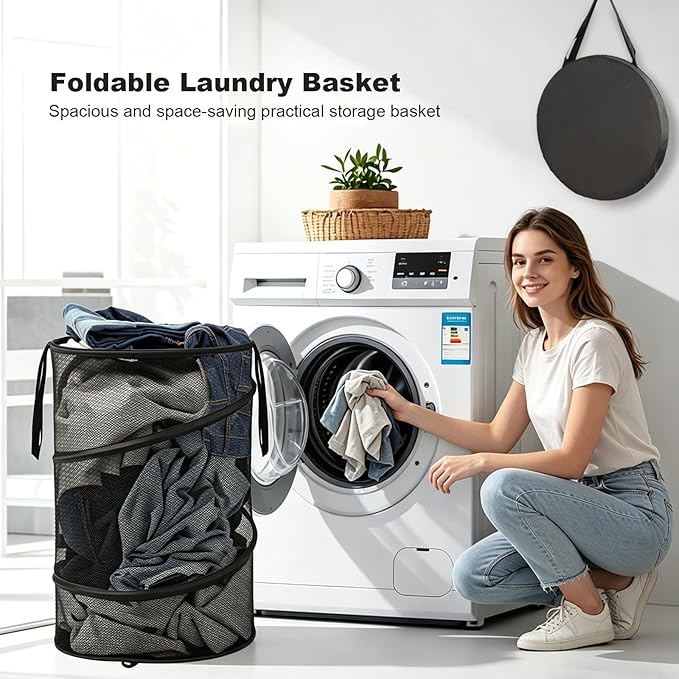 BATTOO Collapsible Laundry Basket with Lid, Large Foldable Mesh Pop Up Hamper 88L with Handles for Laundry Room, Bathroom, Kids Room, College Dorm, Travel, Storage Organizer Black