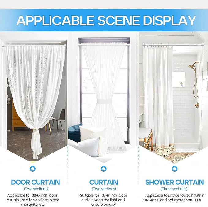 1 Pack Spring Tension Rods 30-64IN, 7/8 Inch Diameter White No Drill Spring Loaded Adjustable Extendable, Small Short Tension Curtain Rod for Windows Kitchen Doorway Closet Cupboard