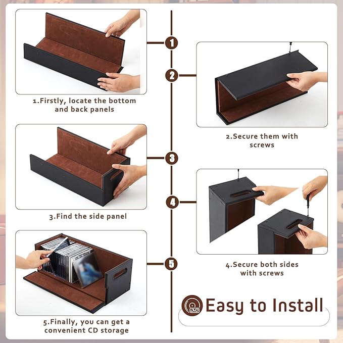 CroBlissful 2 Set Leather Cd Storage Box Organizer Shelf for Movie Cases Cassette Tape Display Stand with Carrying Handles Each Store up to 33 Pcs Cds for Dvds, Video Game Disks, Albums, Books
