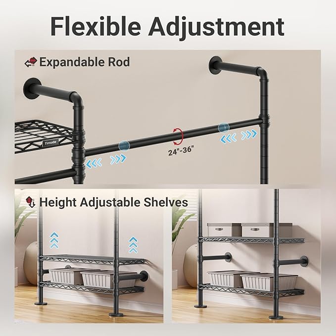 Timate L6 Closet Rack Wall Mount for Corner - Expandable Industrial Pipe Closet , Heavy Duty Hanging Garment Rack, Closet Organizer Storage Solution for Wardrobe, Bedroom, Walk-in Closets, Black