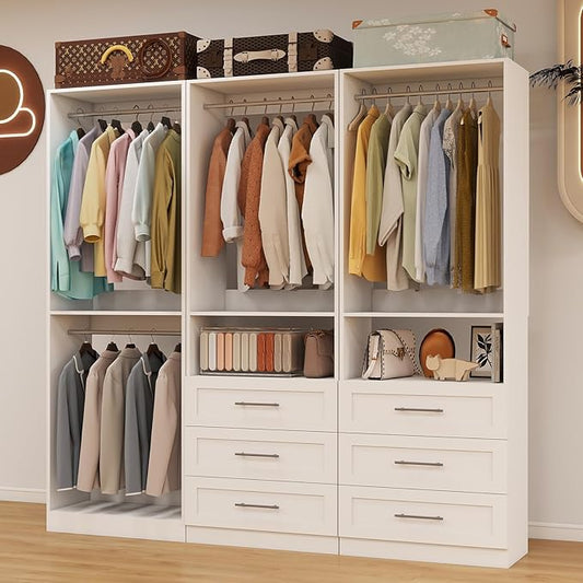 Closet System with 3 Sets, 6FT Closet Organizer Storage Systems with 6 Wooden Drawers & 7 Hanging Rods, Walk-in Closet Corner Closet System Modular Closet System White (6FT)