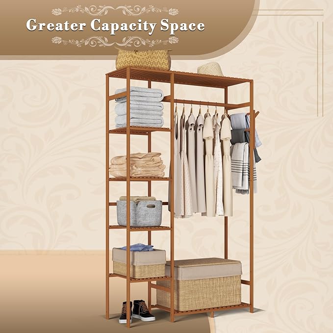 Athena Collection 35" Bamboo Garment Rack Multi Tier Clothes Rack Storage Shelves with Side Hooks & Pants Rack, Heavy Duty Clothing Hanging Rack Freestanding Indoor Wardrobe Closet Organizer, Brown