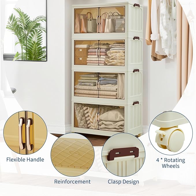 Garvee 192QT Stackable Storage Bins, Plastic Bins for Storage with Lids, Plastic Storages Drawers with Magnetic Doors & Wheels, Foldable Collapsible Closet Organizers for Home, Dorm, Office, White